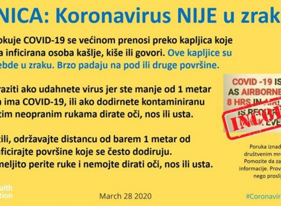 Ured WHO za BiH: Vjerujte činjenicama a ne glasinama, koronavirus nije u zraku