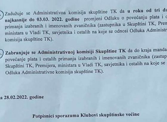 Nova skupštinska većina u TK zadužilia Administrativnu komisiju da u roku od tri dana promijeni odluku o povećanju plata