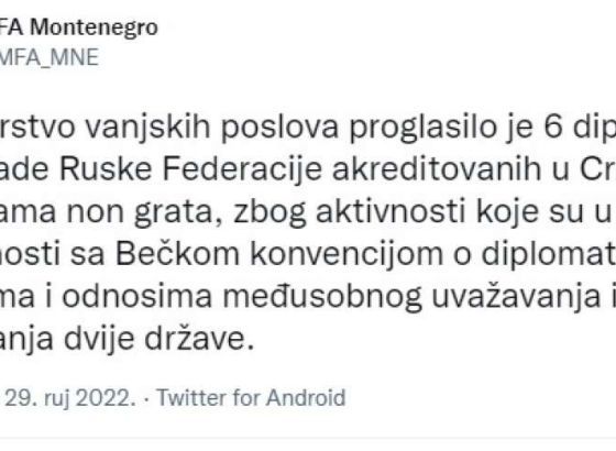 Ministarstvo vanjskih poslova Crne Gore proglasilo šest ruskih diplomata personama non grata