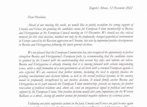 Hrvatska i Grčka uputile snažnu potporu kandidacijskom statusu BiH