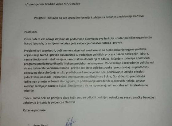 Tri člana Naroda i pravde u Goraždu podnijela ostavke na sve stranačke funkcije