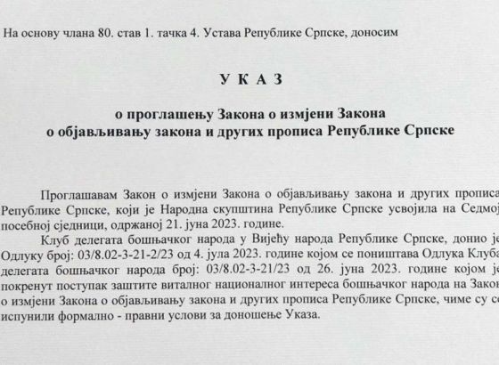 Dodik potpisao Ukaz o proglašenju Zakona o izmjeni Zakona o objavljivanju zakona i drugih propisa