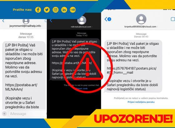 UPOZORENJE IZ BH POŠTE:  NE NASJEDAJTE NA LAŽNE SMS PORUKE O PRISPIJEĆU PAKETA!