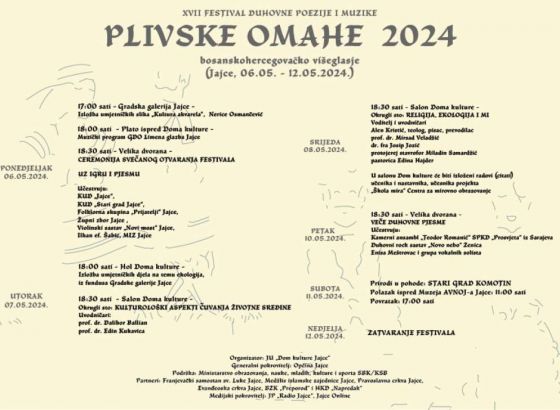 Festival duhovne poezije i muzike 'Plivske omahe' od 6. do 12. svibnja u Jajcu
