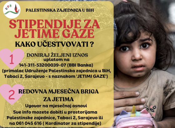 Palestinska zajednica u BiH realizira projekt 'Sponzorstvo jetima', stipendiranje djece u Gazi